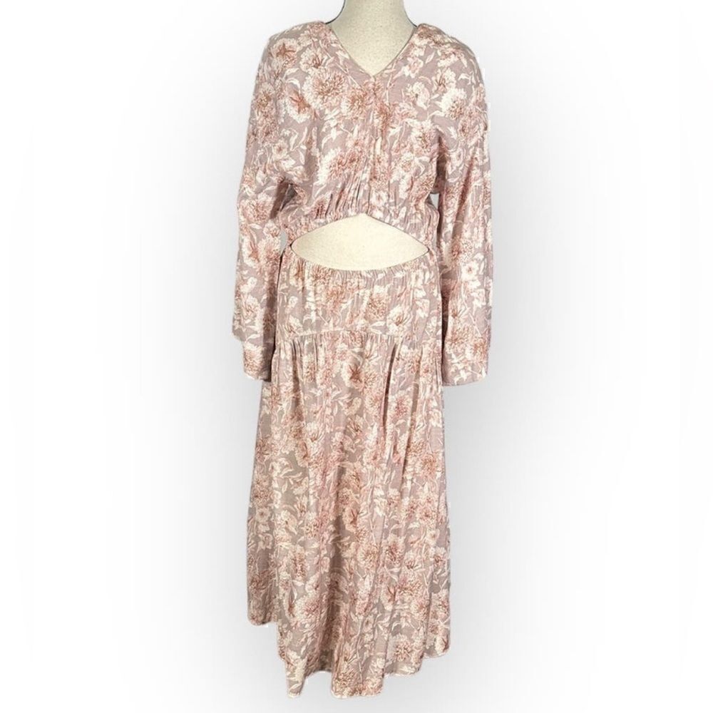 Vince NWT Dahlia Print Long Sleeve Midi Cut Out Dress Beige Pink Floral … - Picture 9 of 14